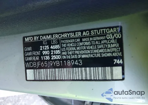 2000 Mercedes-Benz E 320 из США, поврежденный, VIN WDBJF65J9YB118943